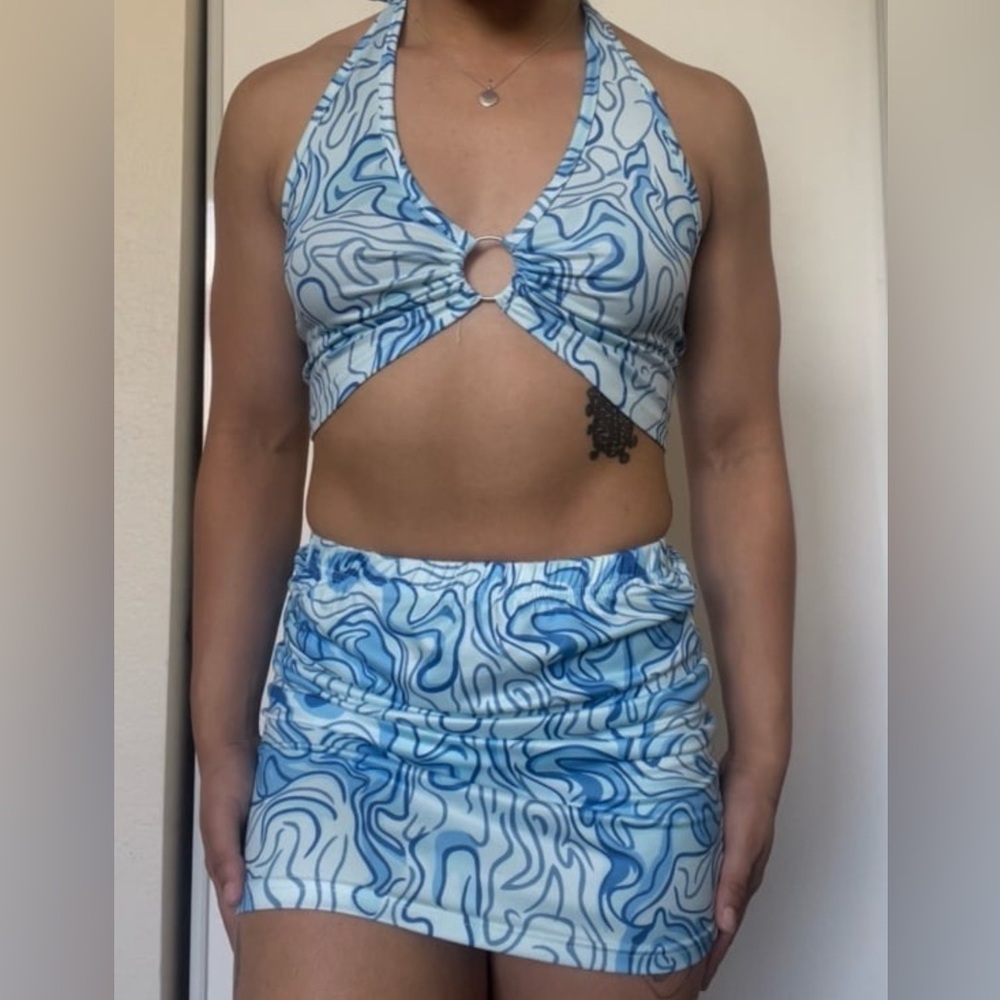Blue and White Swirl Crop Top and Skirt Set